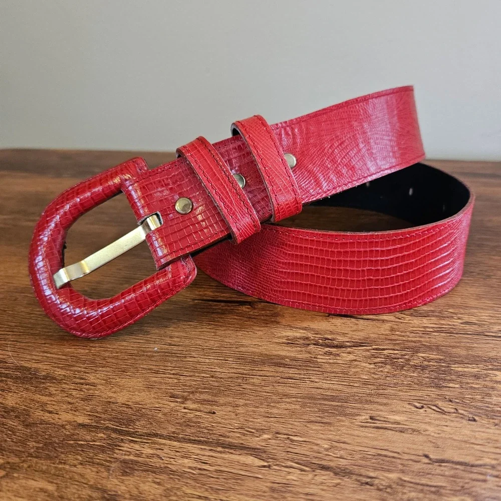 Vtg Patricia Green Red Faux Lizard Skin Belt USA Made Covered Buckle M 80s 90s